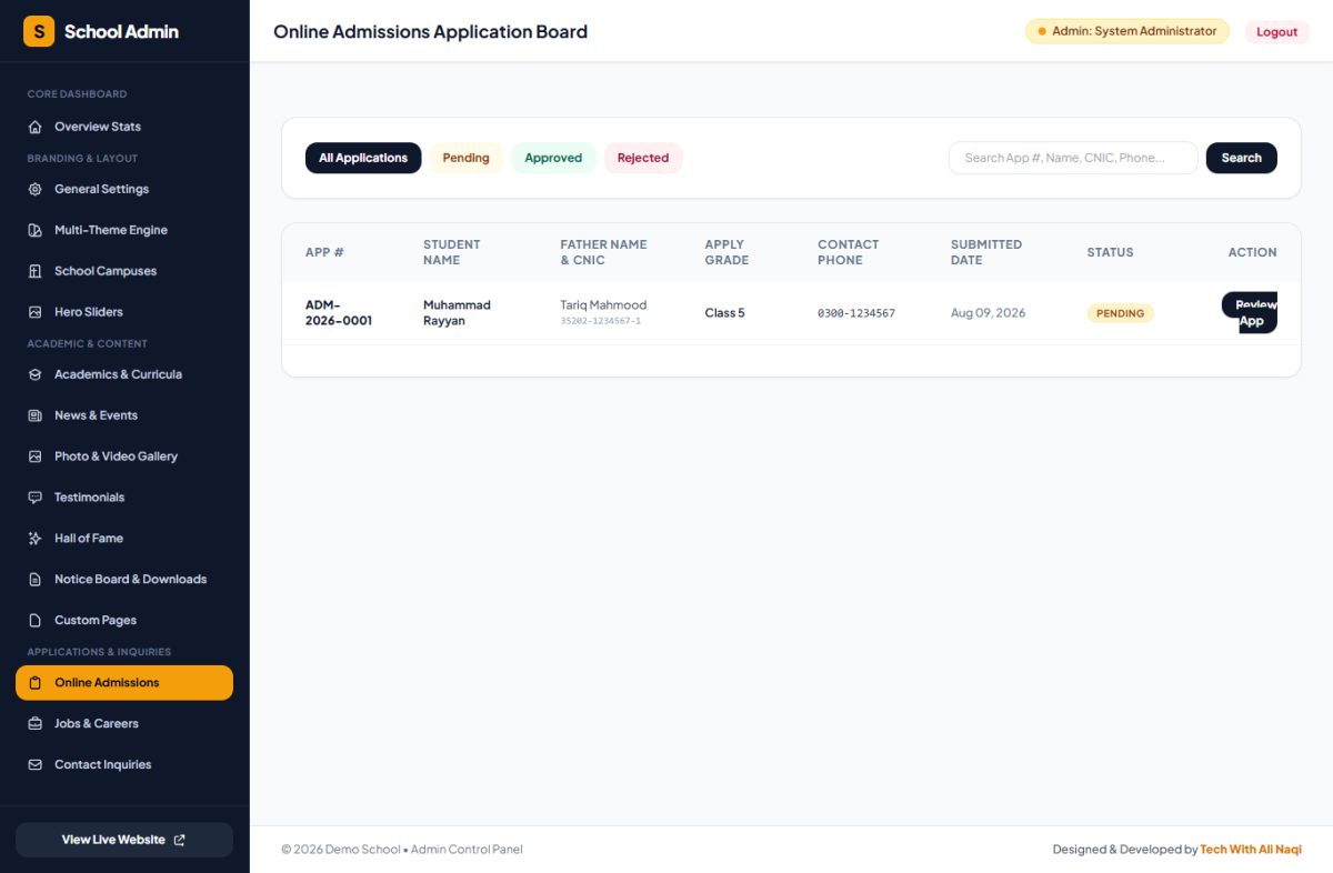 Online Admission Tracking Page screenshot